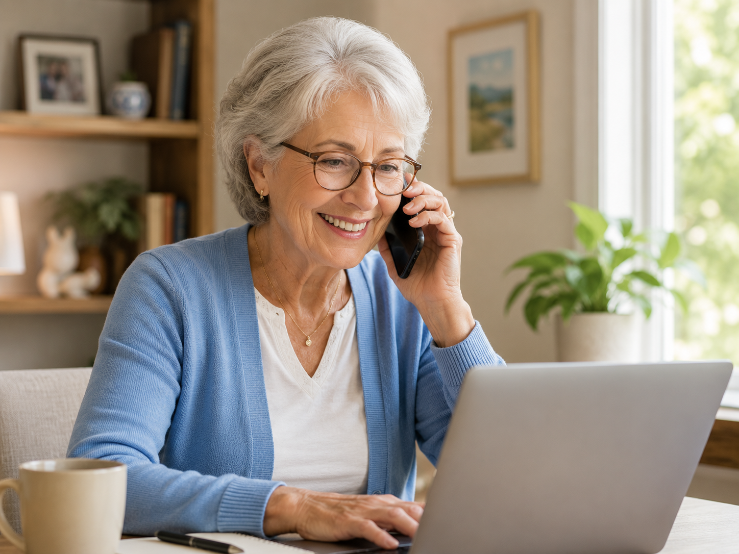 A smiling older woman getting friendly help by phone while using her laptop at home